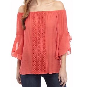 Peach Orange Elbow Sleeve Ruffle Top Crochet Yoke
